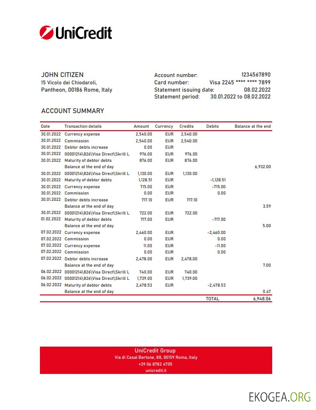 Relevé bancaire Unicredit Italie xls